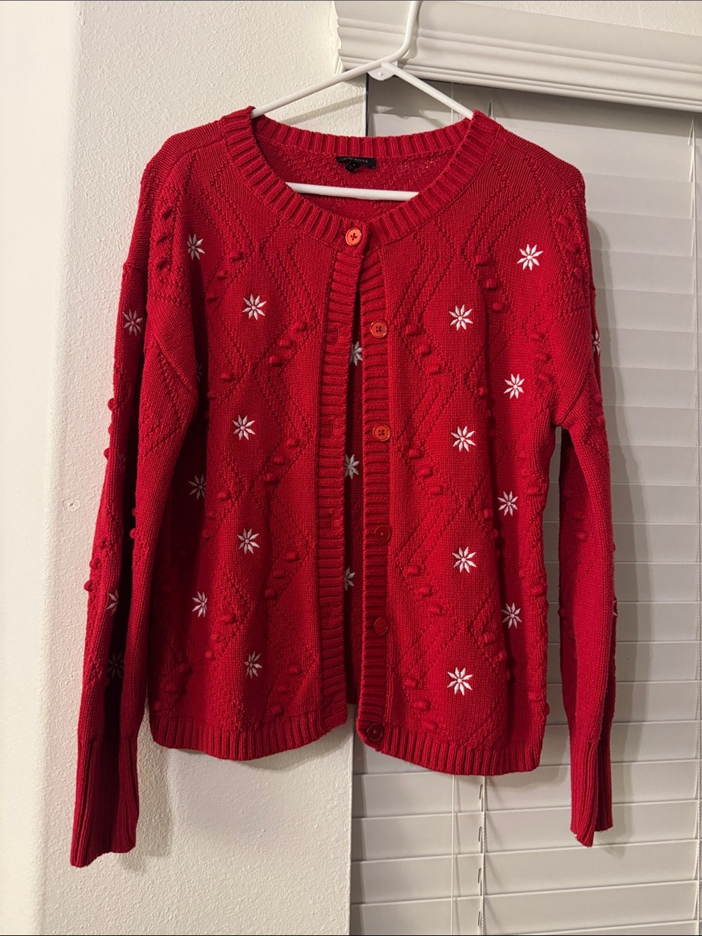 Talbots Red Knit Button-Front Cardigan with White Star Motifs